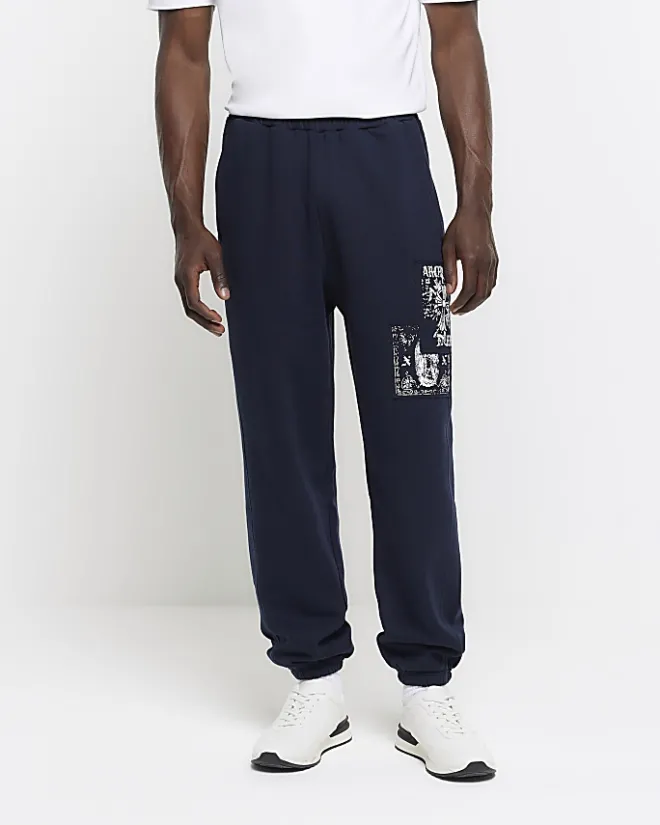 River Island regular fit gothic graphic sweatpants Navy Outlet