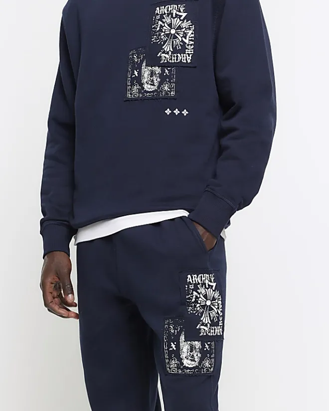 River Island regular fit gothic graphic sweatpants Navy Outlet