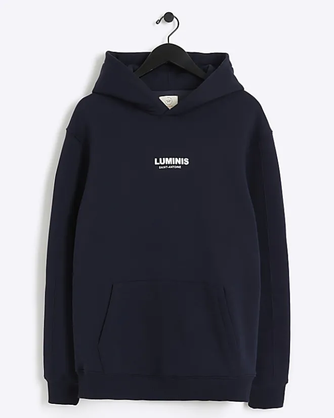 River Island Regular Fit Graphic tracksuit Hoodie Navy Outlet