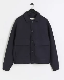 River Island regular fit plisse harrington jacket Navy Hot