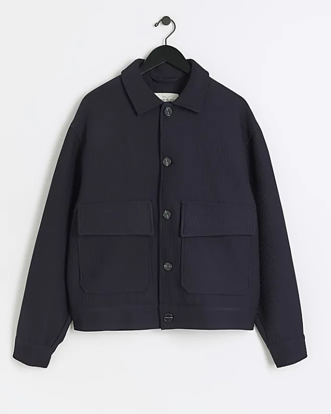 River Island regular fit plisse harrington jacket Navy Hot
