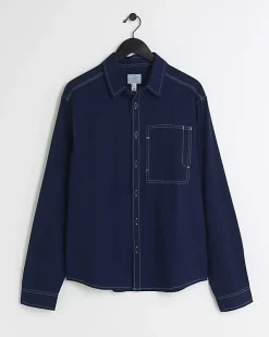 River Island regular fit stitch detail shirt Navy Discount