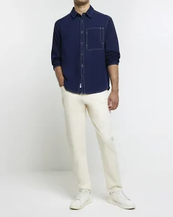 River Island regular fit stitch detail shirt Navy Discount