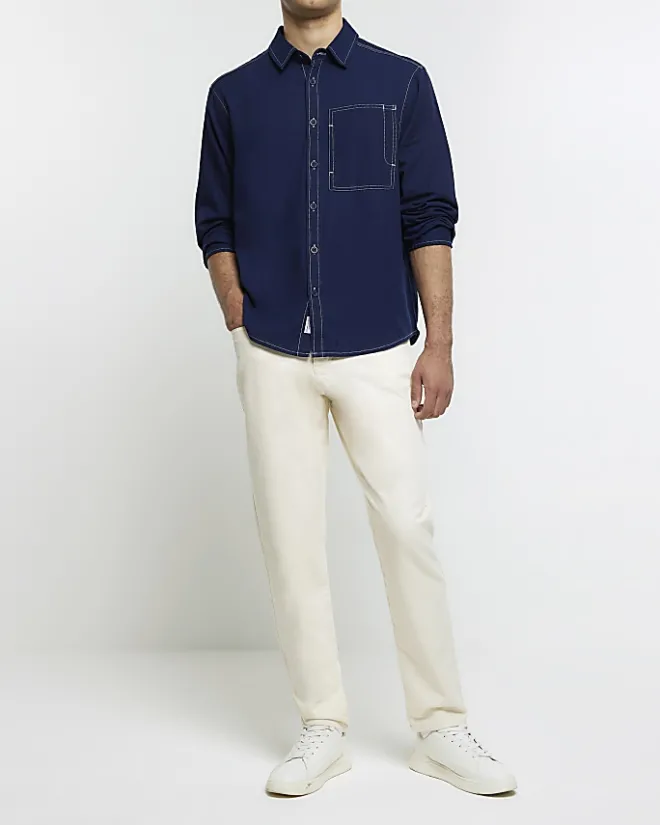 River Island regular fit stitch detail shirt Navy Discount