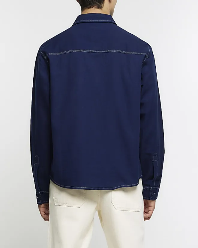 River Island regular fit stitch detail shirt Navy Discount