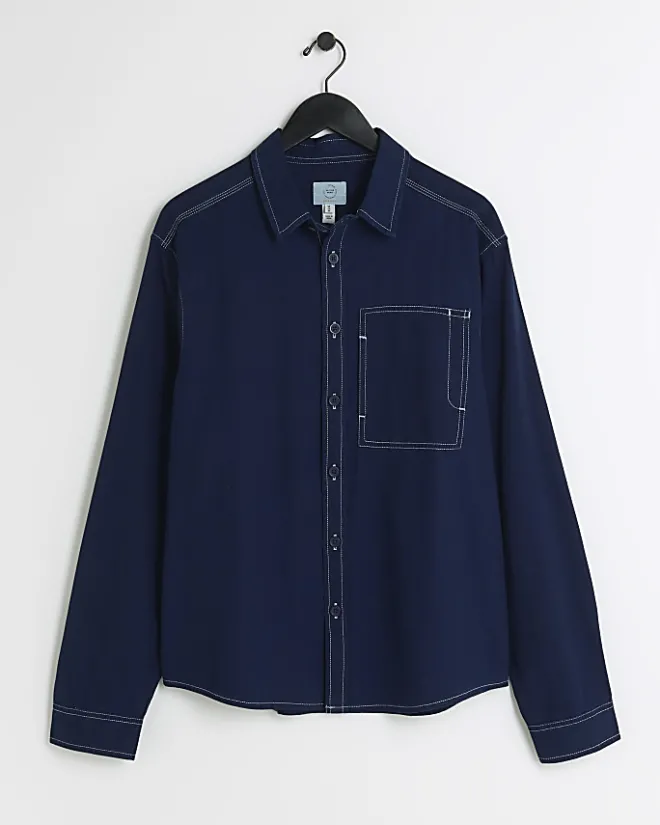 River Island regular fit stitch detail shirt Navy Discount