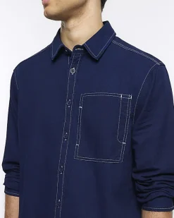 River Island regular fit stitch detail shirt Navy Discount