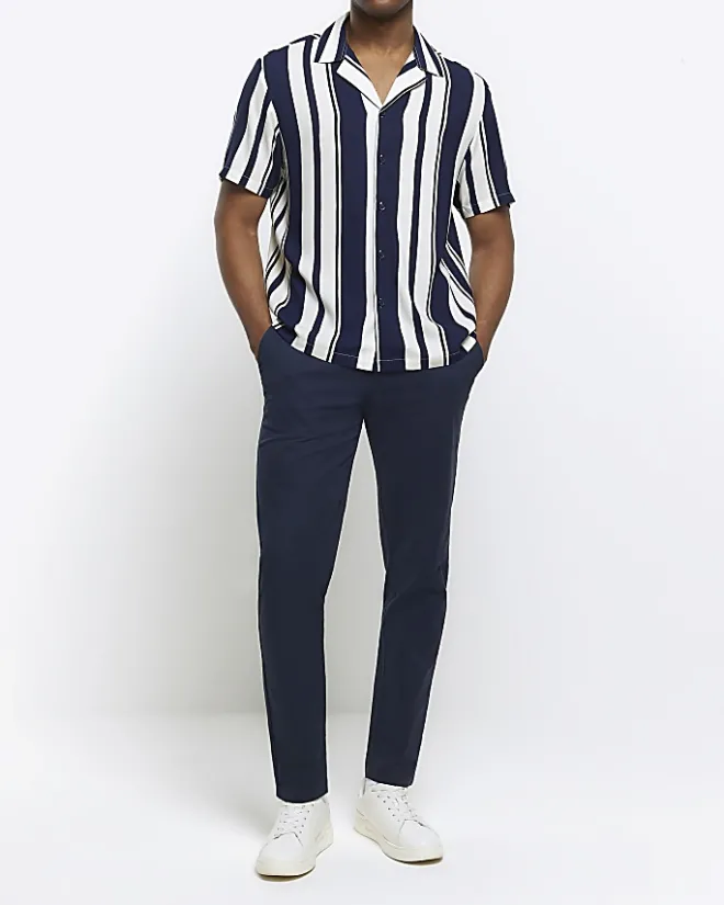 River Island regular fit stripe revere shirt Navy Clearance