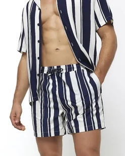 River Island regular fit stripe swim shorts Navy Clearance
