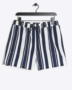 River Island regular fit stripe swim shorts Navy Clearance