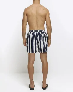 River Island regular fit stripe swim shorts Navy Clearance