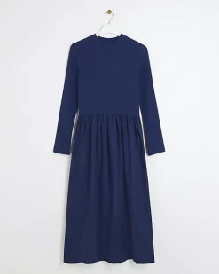 River Island Navy rib long sleeve smock midi dress Blue New