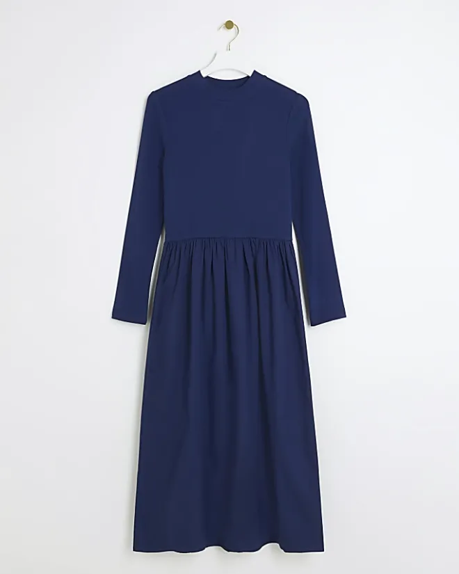 River Island Navy rib long sleeve smock midi dress Blue New