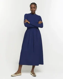 River Island Navy rib long sleeve smock midi dress Blue New