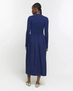 River Island Navy rib long sleeve smock midi dress Blue New