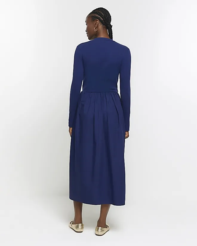 River Island Navy rib long sleeve smock midi dress Blue New