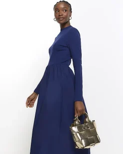 River Island Navy rib long sleeve smock midi dress Blue New