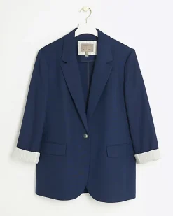 River Island Navy rolled sleeve relaxed blazer Blue Sale