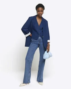 River Island Navy rolled sleeve relaxed blazer Blue Sale