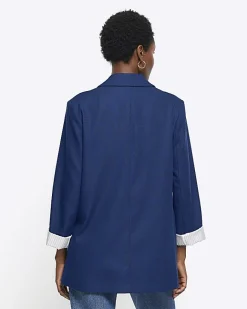 River Island Navy rolled sleeve relaxed blazer Blue Sale