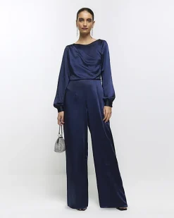 River Island Navy satin open back jumpsuit Blue Online