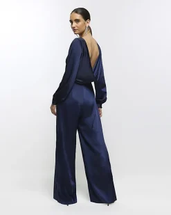 River Island Navy satin open back jumpsuit Blue Online