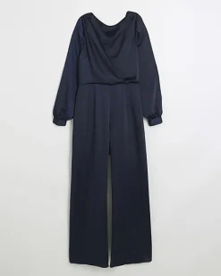 River Island Navy satin open back jumpsuit Blue Online