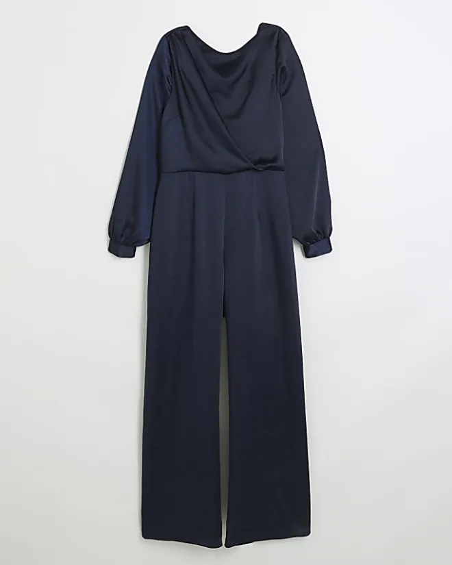 River Island Navy satin open back jumpsuit Blue Online