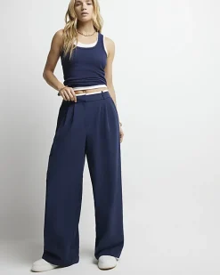 River Island Navy side stripe wide leg trousers Blue Fashion