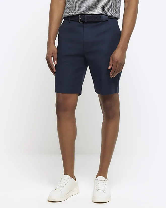 River Island slim fit belted chino shorts Navy Clearance
