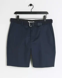 River Island slim fit belted chino shorts Navy Clearance