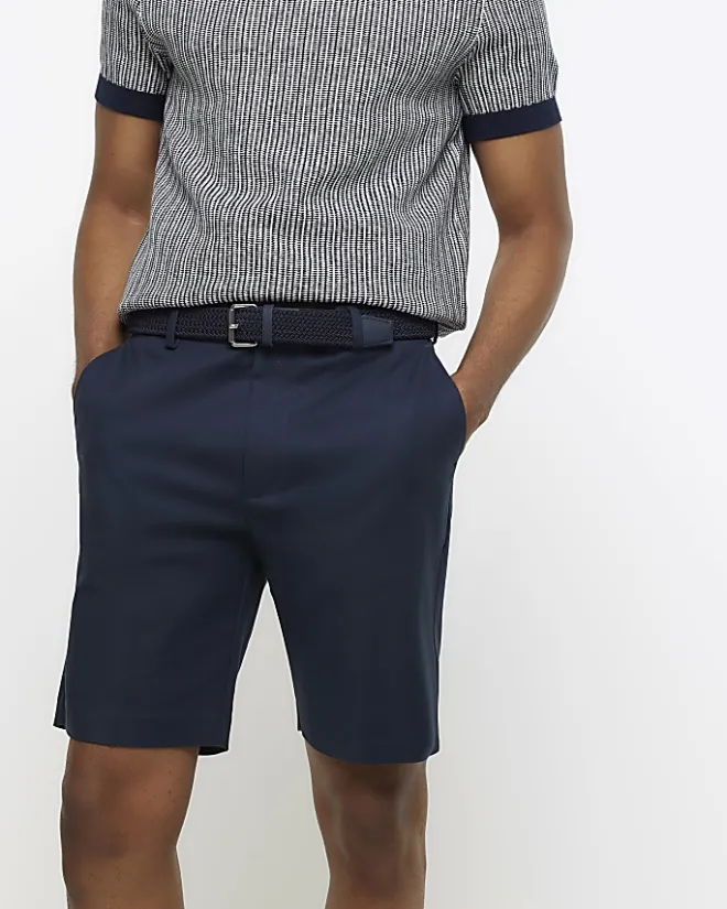 River Island slim fit belted chino shorts Navy Clearance