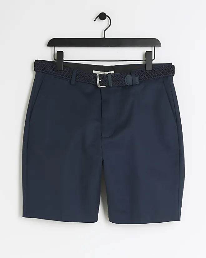 River Island slim fit belted chino shorts Navy Clearance