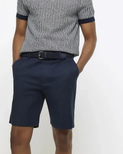 River Island slim fit belted chino shorts Navy Clearance