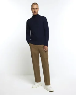 River Island slim fit diagonal half zip jumper Navy New