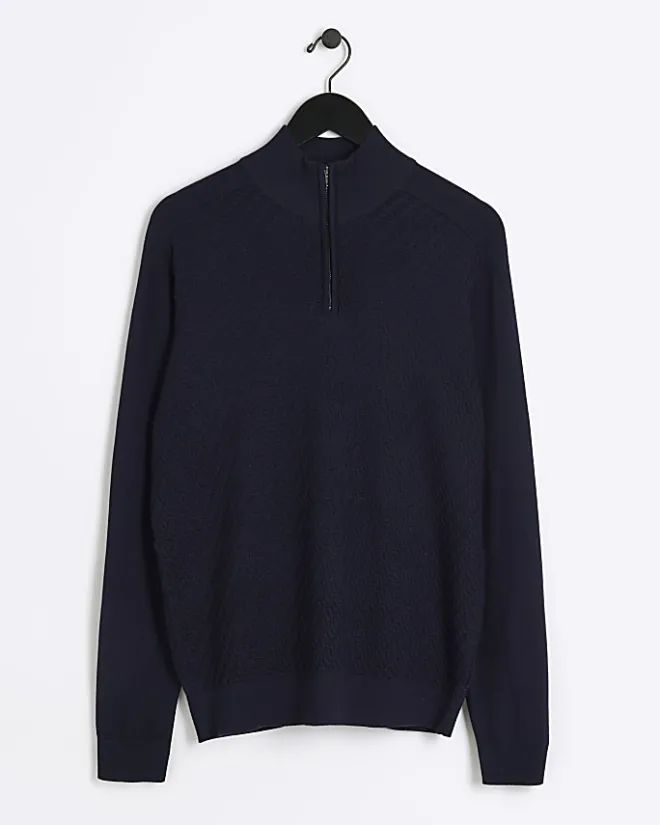 River Island slim fit diagonal half zip jumper Navy New