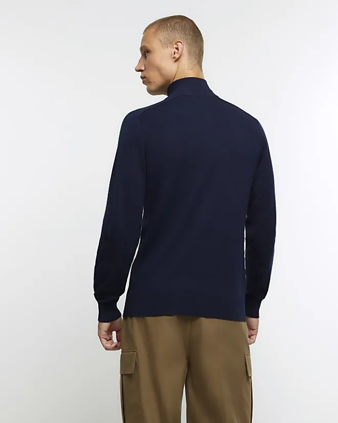 River Island slim fit diagonal half zip jumper Navy New