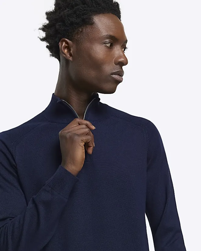 River Island slim fit half zip jumper Navy Discount