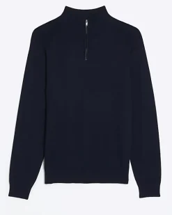 River Island slim fit half zip jumper Navy Discount