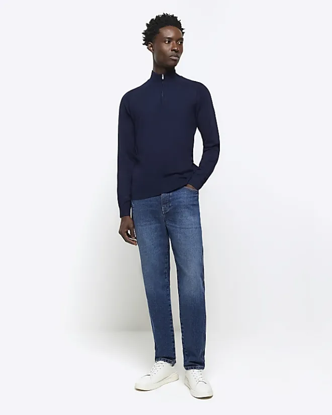 River Island slim fit half zip jumper Navy Discount