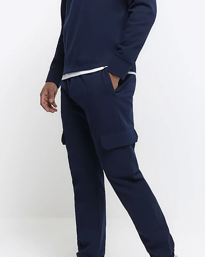 River Island slim fit smart cargo joggers Navy Sale