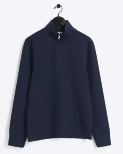 River Island slim fit textured funnel sweatshirt Navy Best