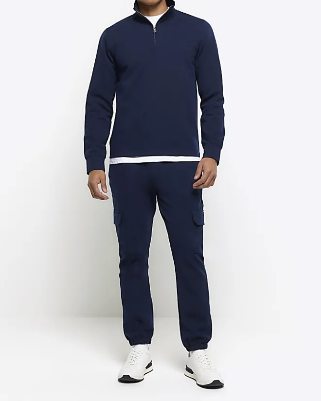 River Island slim fit textured funnel sweatshirt Navy Best
