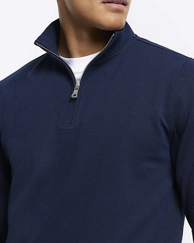 River Island slim fit textured funnel sweatshirt Navy Best