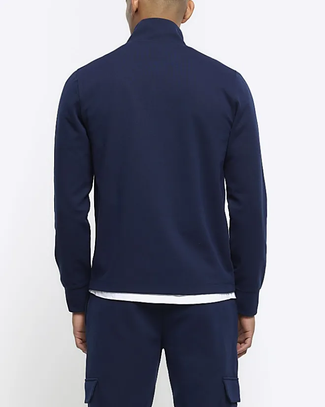 River Island slim fit textured funnel sweatshirt Navy Best