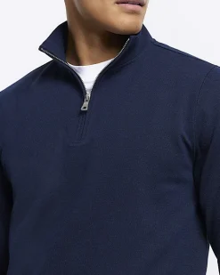 River Island slim fit textured funnel sweatshirt Navy Best