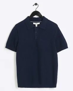River Island slim fit textured knit polo Navy New