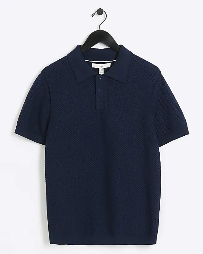 River Island slim fit textured knit polo Navy New