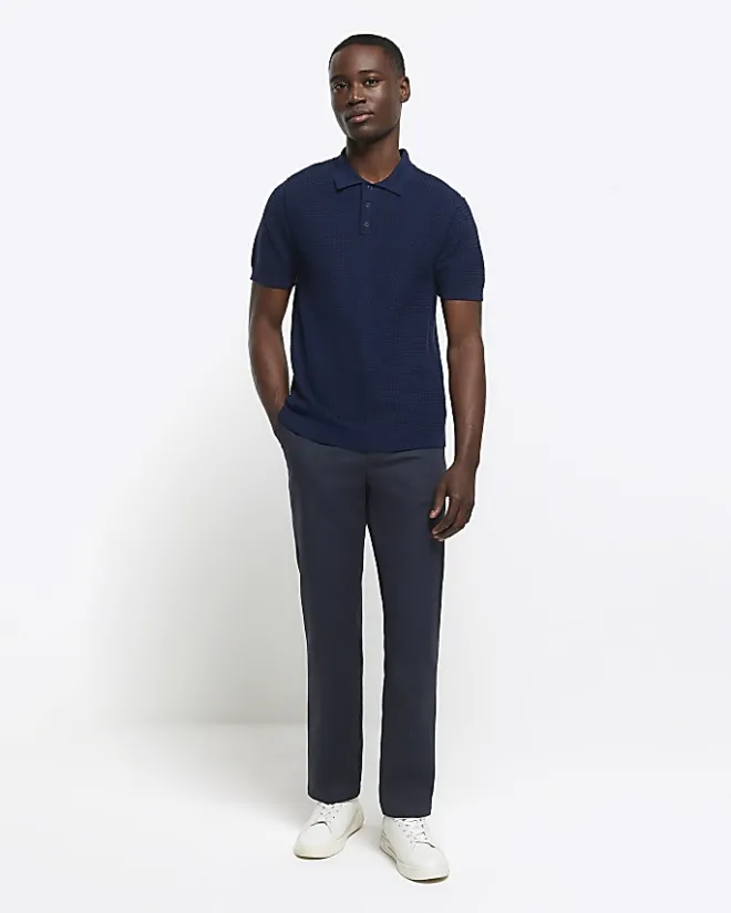 River Island slim fit textured knit polo Navy New