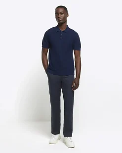 River Island slim fit textured knit polo Navy New